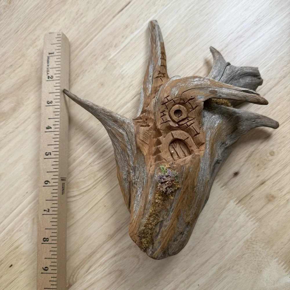 Hand Carved Driftwood Bark Fairy House Door Signed Wall Hanging VTG‎ Leaich 1988